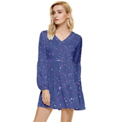 Texture Grunge Speckles Dots Tiered Long Sleeve Mini Dress