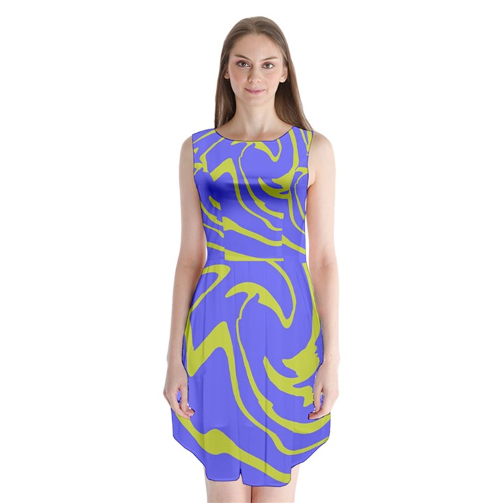 Blue Green Abstract Sleeveless Chiffon Dress  