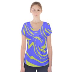 Blue Green Abstract Short Sleeve Front Detail Top