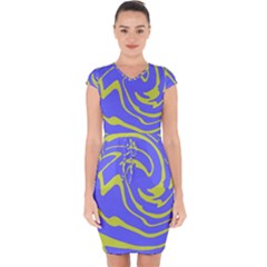 Blue Green Abstract Capsleeve Drawstring Dress 