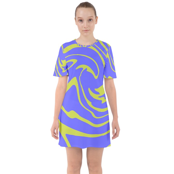 Blue Green Abstract Sixties Short Sleeve Mini Dress