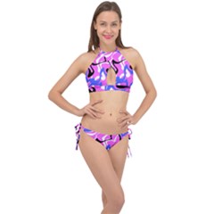 Swirl Pink White Blue Black Cross Front Halter Bikini Set