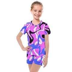 Swirl Pink White Blue Black Kids  Mesh T-shirt And Shorts Set