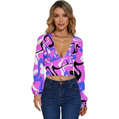 Swirl Pink White Blue Black Long Sleeve Deep-v Velour Top