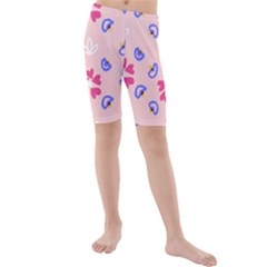 Flower Heart Print Pattern Pink Kids  Mid Length Swim Shorts