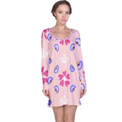 Flower Heart Print Pattern Pink Long Sleeve Nightdress