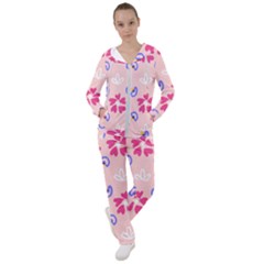 Flower Heart Print Pattern Pink Women s Tracksuit by Cemarart