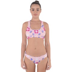 Flower Heart Print Pattern Pink Cross Back Hipster Bikini Set