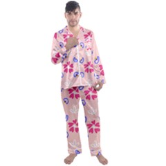 Flower Heart Print Pattern Pink Men s Long Sleeve Satin Pajamas Set