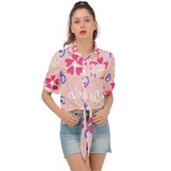 Flower Heart Print Pattern Pink Tie Front Shirt 