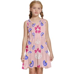 Flower Heart Print Pattern Pink Kids  Sleeveless Tiered Mini Dress by Cemarart