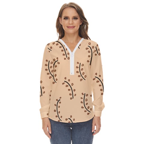 Leaves Plants Dots Pattern Zip Up Long Sleeve Blouse by Cemarart