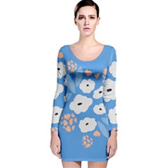 Doodle Flowers Leaves Plant Design Long Sleeve Velvet Bodycon Dress