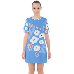 Doodle Flowers Leaves Plant Design Sixties Short Sleeve Mini Dress