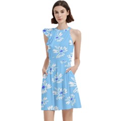 Flowers Pattern Print Floral Cute Cocktail Party Halter Sleeveless Dress With Pockets