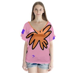 Doodle Flower Sparkles Orange Pink V-neck Flutter Sleeve Top