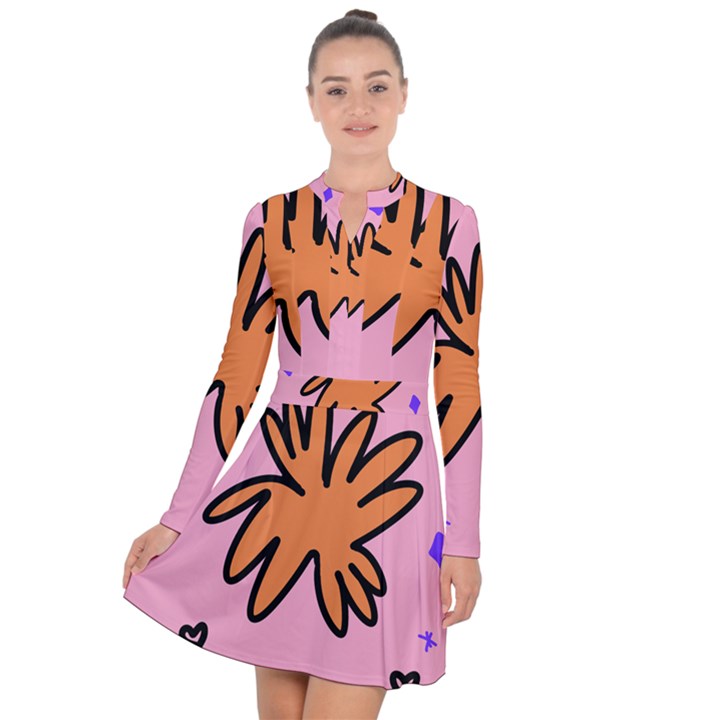 Doodle Flower Sparkles Orange Pink Long Sleeve Panel Dress