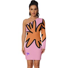 Doodle Flower Sparkles Orange Pink Long Sleeve One Shoulder Mini Dress by Cemarart