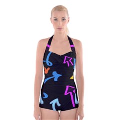 Ink Brushes Texture Grunge Boyleg Halter Swimsuit 