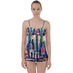 Skyscrapers City Usa Babydoll Tankini Set