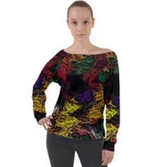 Abstract Painting Colorful Off Shoulder Long Sleeve Velour Top