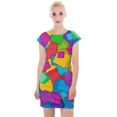 Abstract Cube Colorful  3d Square Pattern Cap Sleeve Bodycon Dress