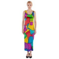 Abstract Cube Colorful  3d Square Pattern Fitted Maxi Dress