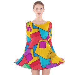 Abstract Cube Colorful  3d Square Pattern Long Sleeve Velvet Skater Dress
