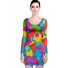 Abstract Cube Colorful  3d Square Pattern Long Sleeve Velvet Bodycon Dress