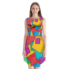 Abstract Cube Colorful  3d Square Pattern Sleeveless Chiffon Dress  