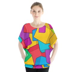 Abstract Cube Colorful  3d Square Pattern Batwing Chiffon Blouse
