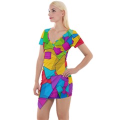 Abstract Cube Colorful  3d Square Pattern Short Sleeve Asymmetric Mini Dress