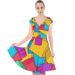 Abstract Cube Colorful  3d Square Pattern Cap Sleeve Front Wrap Midi Dress