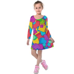 Abstract Cube Colorful  3d Square Pattern Kids  Long Sleeve Velvet Dress