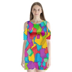 Abstract Cube Colorful  3d Square Pattern Shoulder Cutout Velvet One Piece