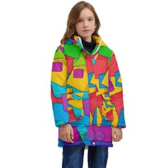 Abstract Cube Colorful  3d Square Pattern Kids  Hooded Longline Puffer Jacket