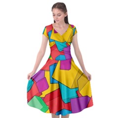 Abstract Cube Colorful  3d Square Pattern Cap Sleeve Wrap Front Dress