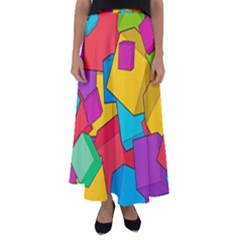 Abstract Cube Colorful  3d Square Pattern Flared Maxi Skirt