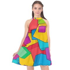 Abstract Cube Colorful  3d Square Pattern Halter Neckline Chiffon Dress 