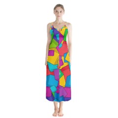 Abstract Cube Colorful  3d Square Pattern Button Up Chiffon Maxi Dress