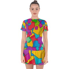 Abstract Cube Colorful  3d Square Pattern Drop Hem Mini Chiffon Dress