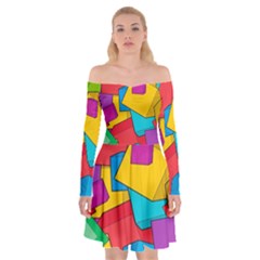 Abstract Cube Colorful  3d Square Pattern Off Shoulder Skater Dress