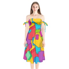 Abstract Cube Colorful  3d Square Pattern Shoulder Tie Bardot Midi Dress