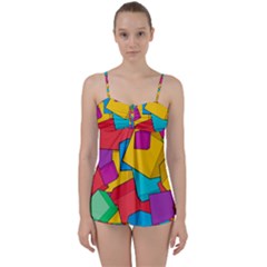 Abstract Cube Colorful  3d Square Pattern Babydoll Tankini Set