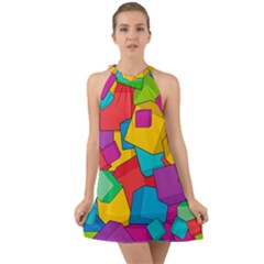 Abstract Cube Colorful  3d Square Pattern Halter Tie Back Chiffon Dress
