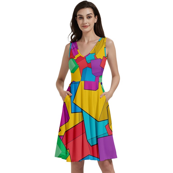 Abstract Cube Colorful  3d Square Pattern Sleeveless V-Neck Skater Dress with Pockets