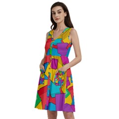 Abstract Cube Colorful  3d Square Pattern Sleeveless Dress With Pocket