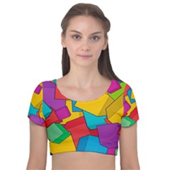 Abstract Cube Colorful  3d Square Pattern Velvet Short Sleeve Crop Top 