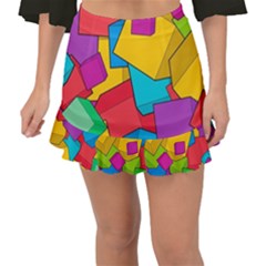 Abstract Cube Colorful  3d Square Pattern Fishtail Mini Chiffon Skirt
