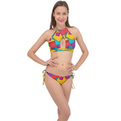 Abstract Cube Colorful  3d Square Pattern Cross Front Halter Bikini Set